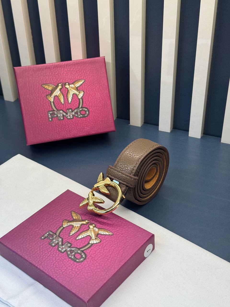 Pinko Love Birds Leather Belt Taupe